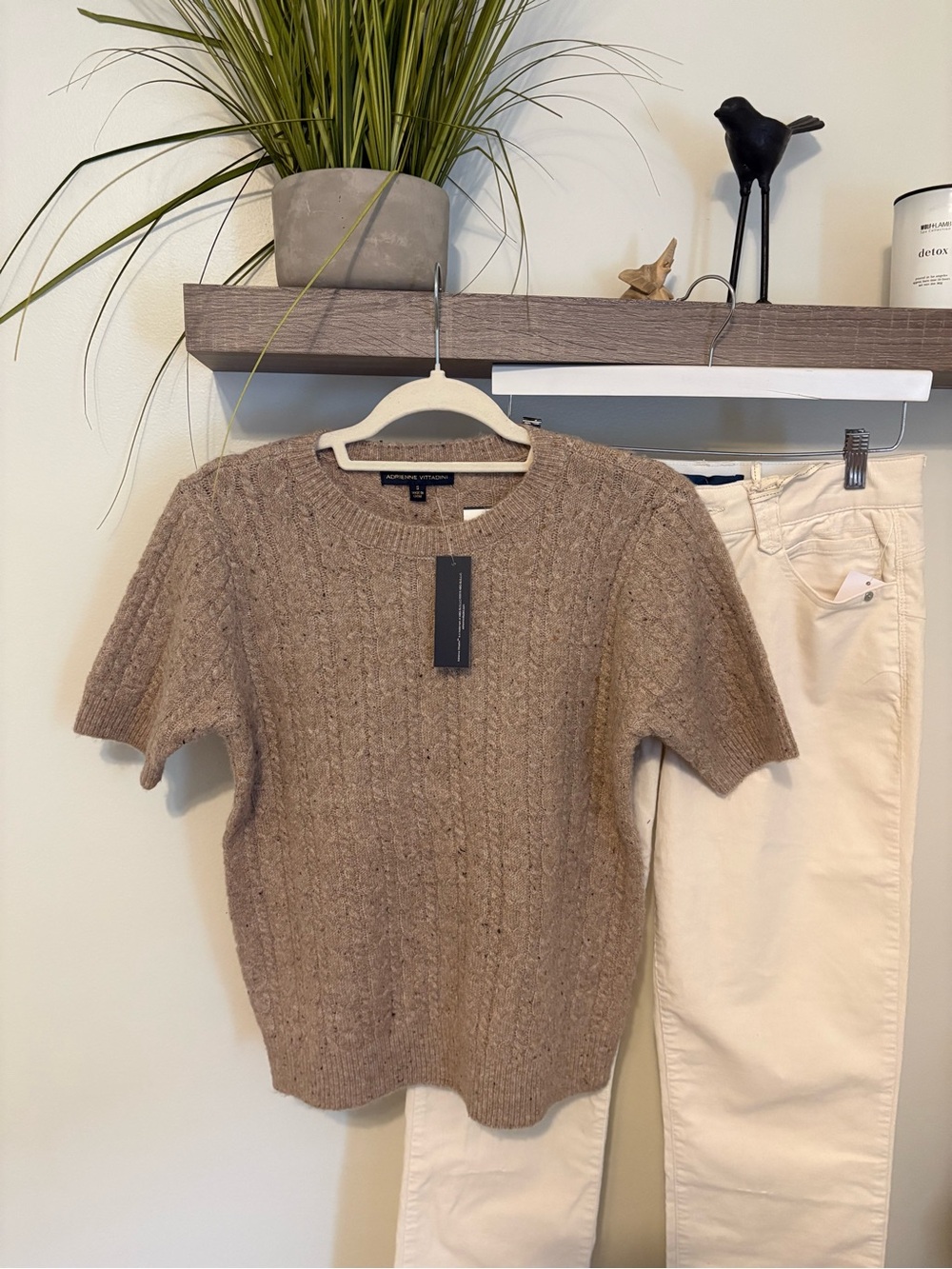 Adrienne Vittadini Taupe Cable Knit Short Sleeve Crew Sweater